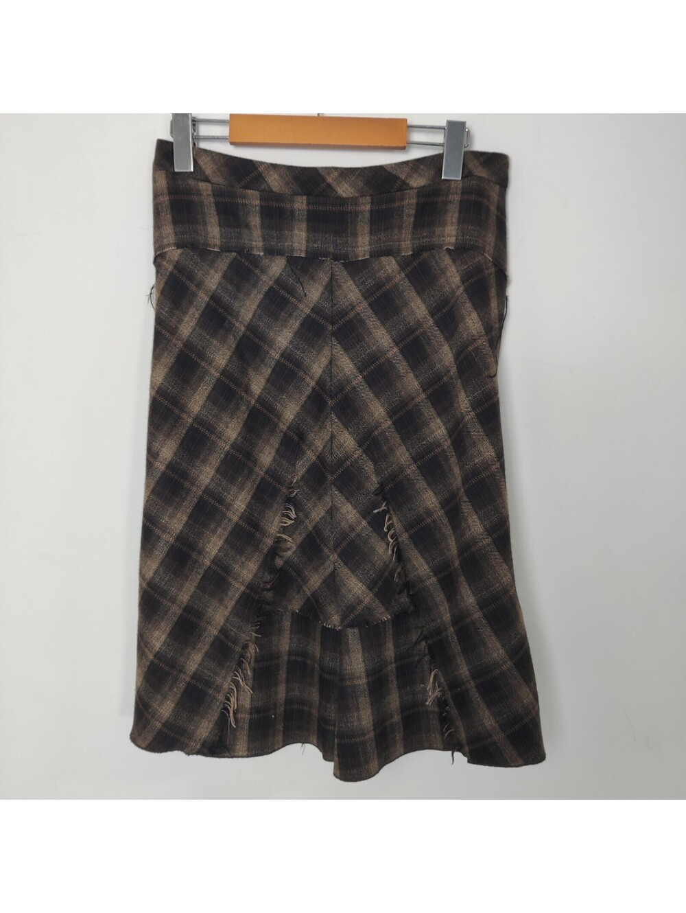 BCBGMAXAZRIA Wool Blend Plaid Fringed Raw Hem A-Line Skirt Brown Women's 6